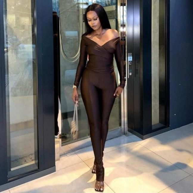 Off Shoulder V Neck Fitted Trouser Sets