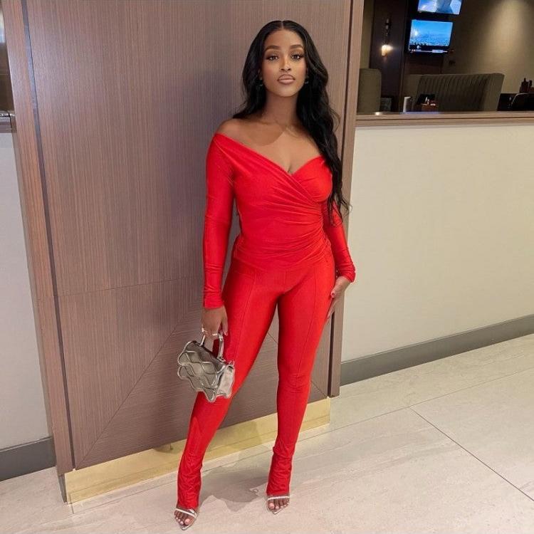 Off Shoulder V Neck Fitted Trouser Sets