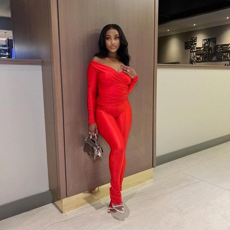 Off Shoulder V Neck Fitted Trouser Sets
