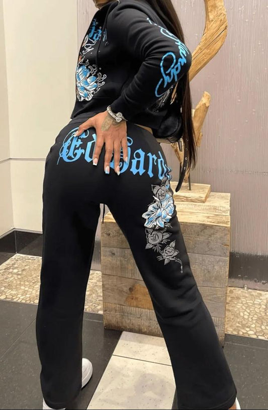 Printed Zipper Cropped Hoodies Sweatpants Set