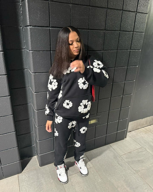 Floral Printed Loose Hooded Trouser Sets