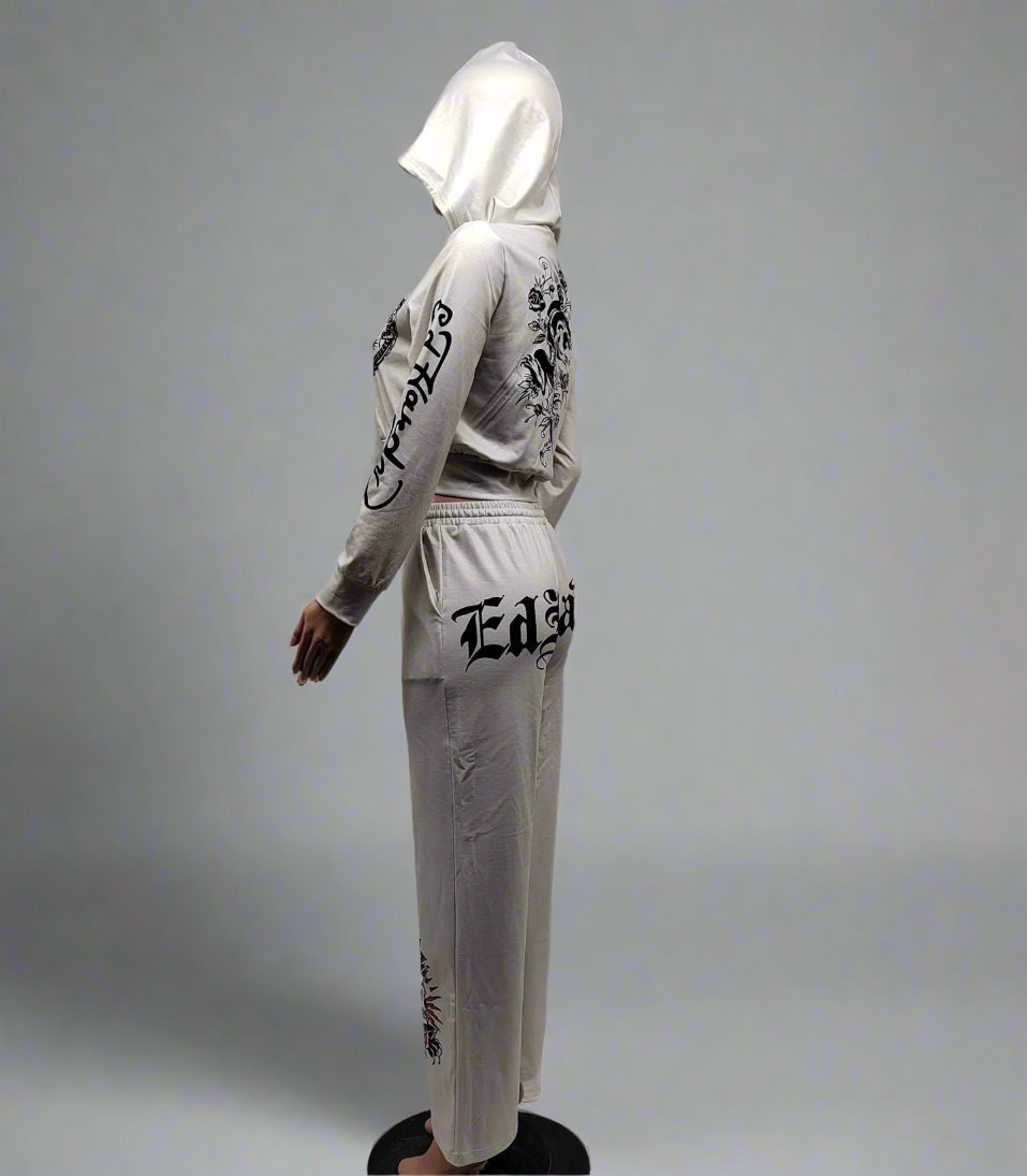Letter Skull Printed Zipper Cropped Hoodies Suit