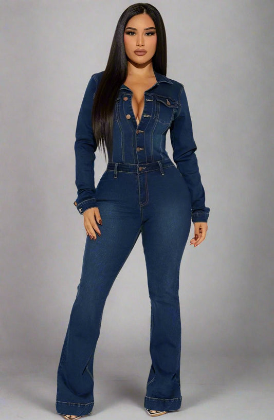 Patchwork Denim Collar Buckle Flare Jumpsuit