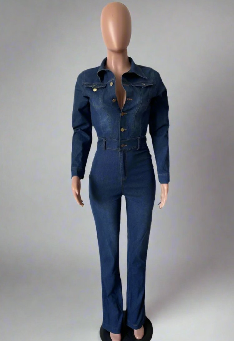 Patchwork Denim Collar Buckle Flare Jumpsuit
