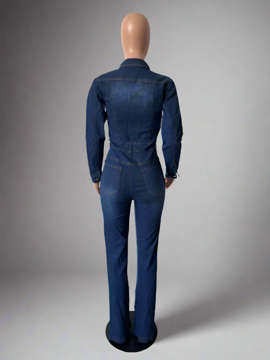 Patchwork Denim Collar Buckle Flare Jumpsuit