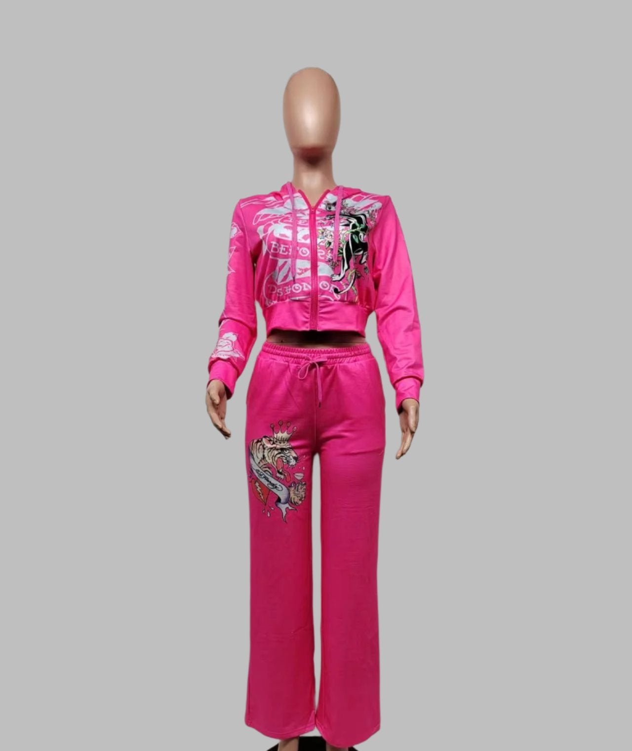 Letter Printed Fitted Zipper Hoodies Trouser Sets