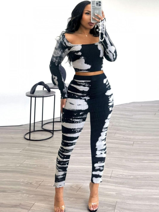 Tie Dye Colorblock Square Neck Fitted Pants Sets