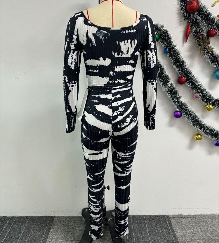 Tie Dye Colorblock Square Neck Fitted Pants Sets