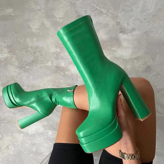 Pure Color Chunky Heels Platforms Boots