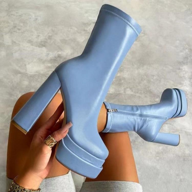 Pure Color Chunky Heels Platforms Boots