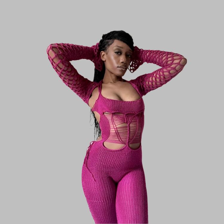 Hollow Out Knitted Lace Up Halter Jumpsuits