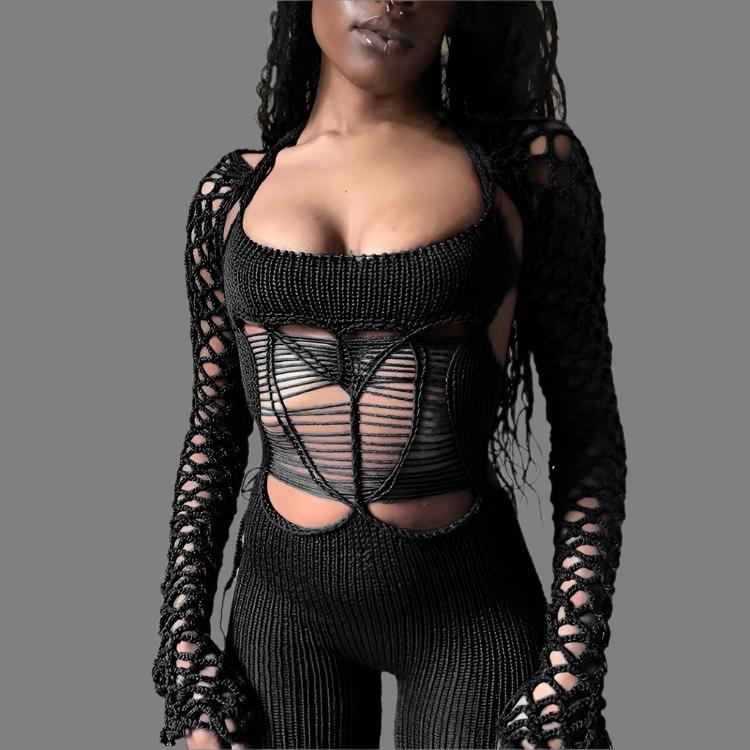 Hollow Out Knitted Lace Up Halter Jumpsuits