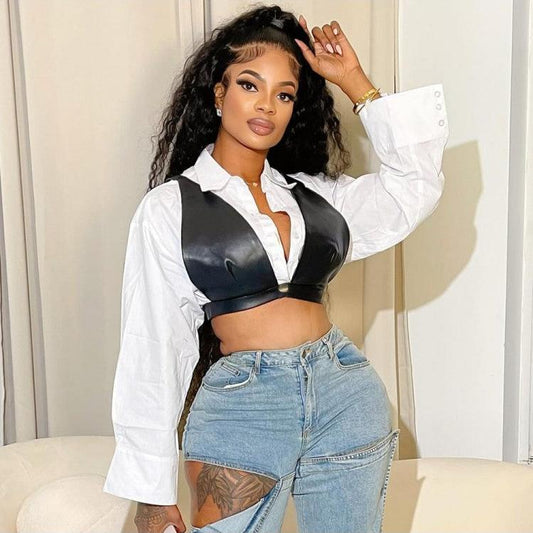 Cropped Shirt PU Tanks 2 Piece Set