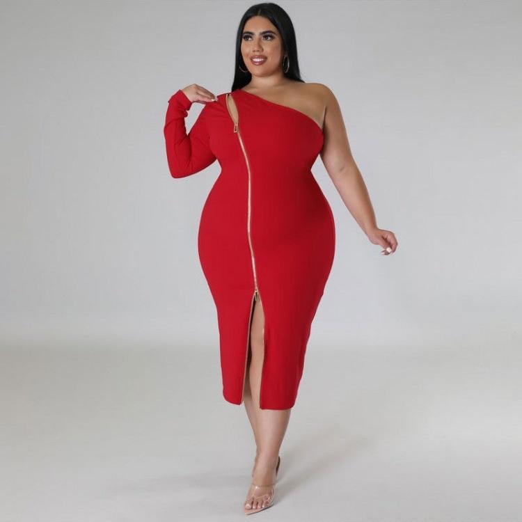 Solid Color One-shoulder Fitted Plus Sleeveless Dresses