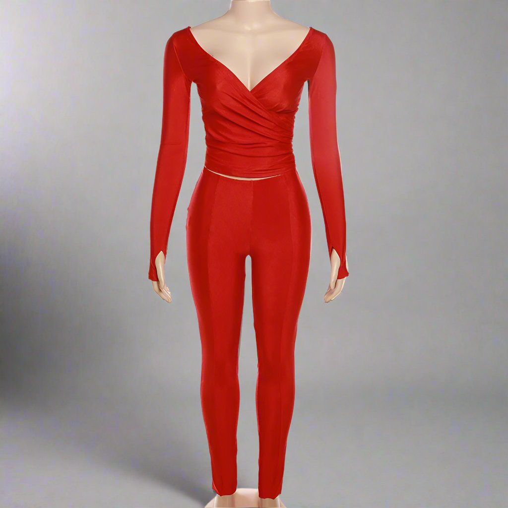 Off Shoulder V Neck Fitted Trouser Sets