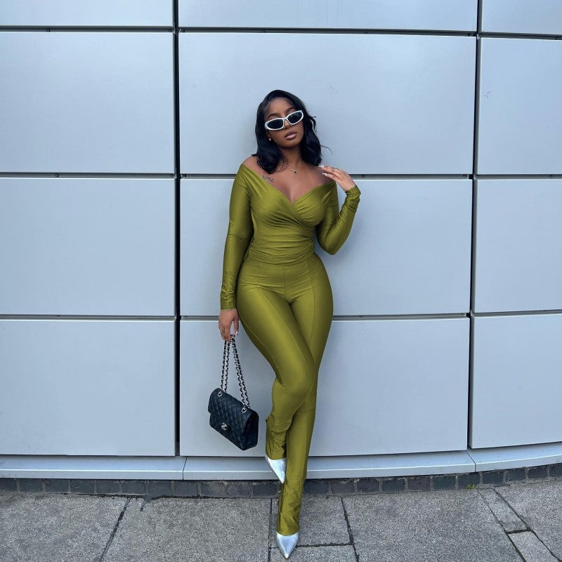 Off Shoulder V Neck Fitted Trouser Sets