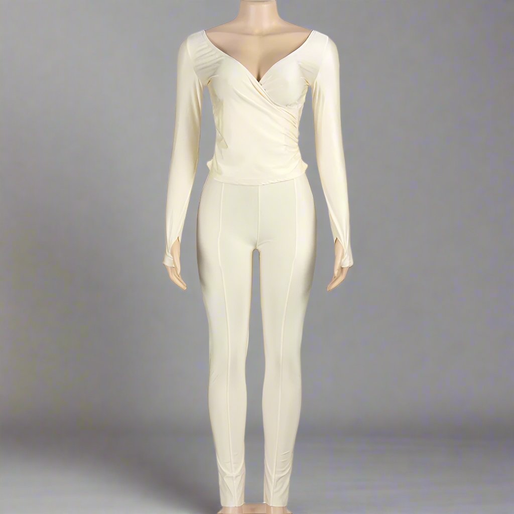 Off Shoulder V Neck Fitted Trouser Sets