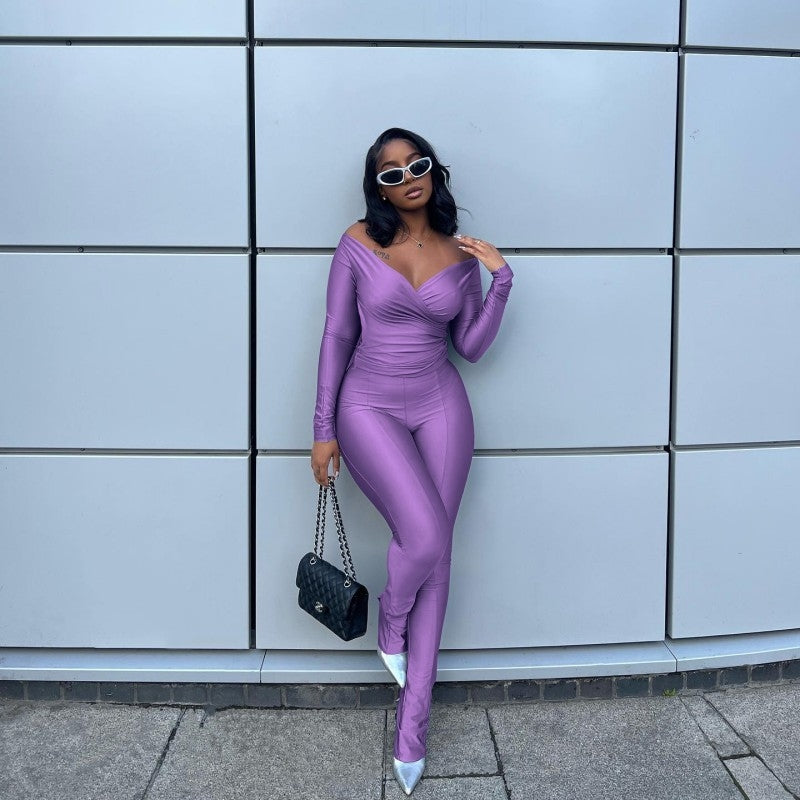 Off Shoulder V Neck Fitted Trouser Sets