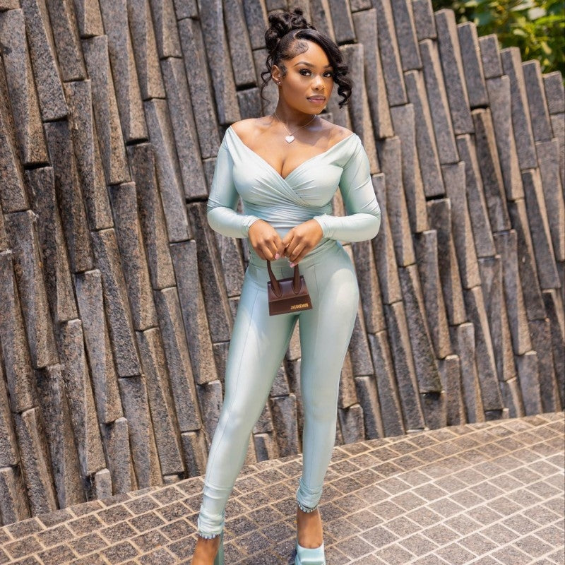 Off Shoulder V Neck Fitted Trouser Sets