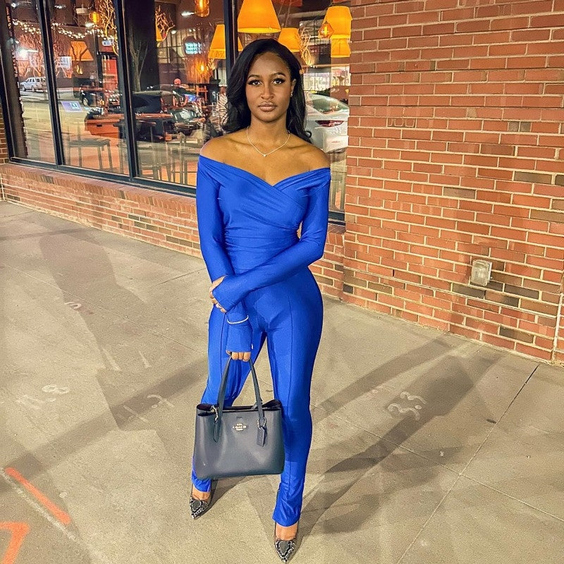 Off Shoulder V Neck Fitted Trouser Sets