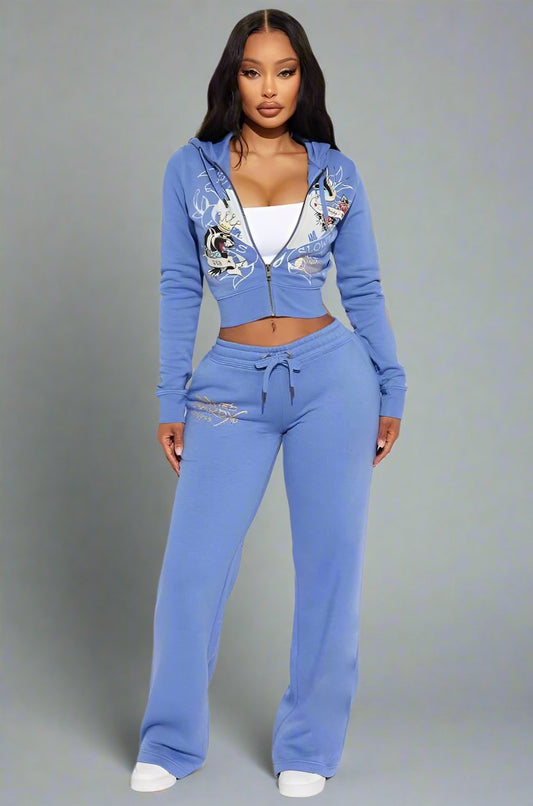 Bird Printed Zip Up Cropped Hoodie Pants Sets