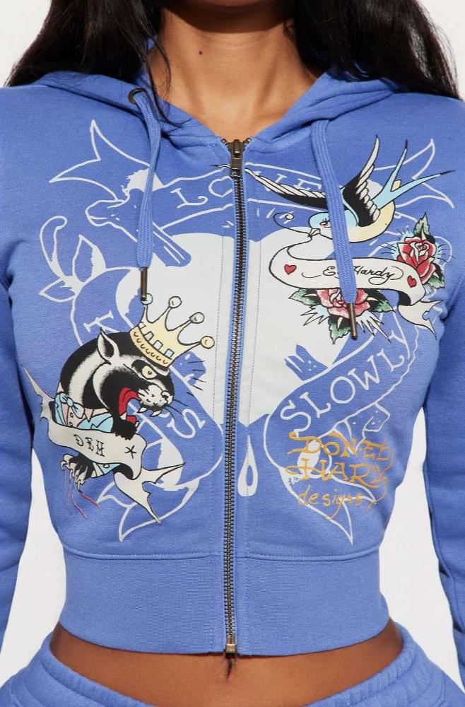 Bird Printed Zip Up Cropped Hoodie Pants Sets