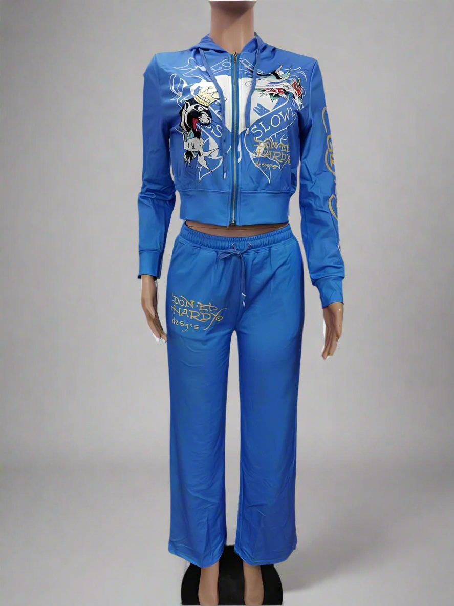 Bird Printed Zip Up Cropped Hoodie Pants Sets
