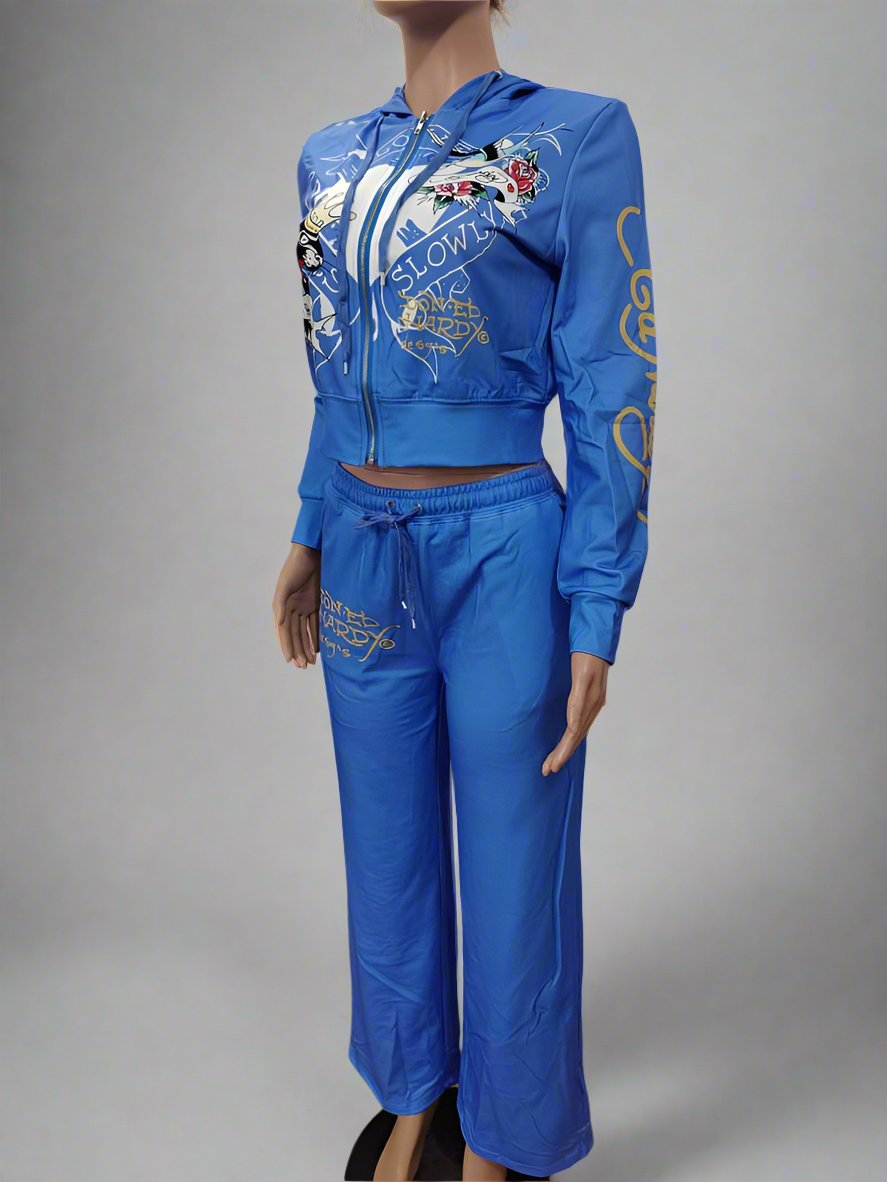 Bird Printed Zip Up Cropped Hoodie Pants Sets