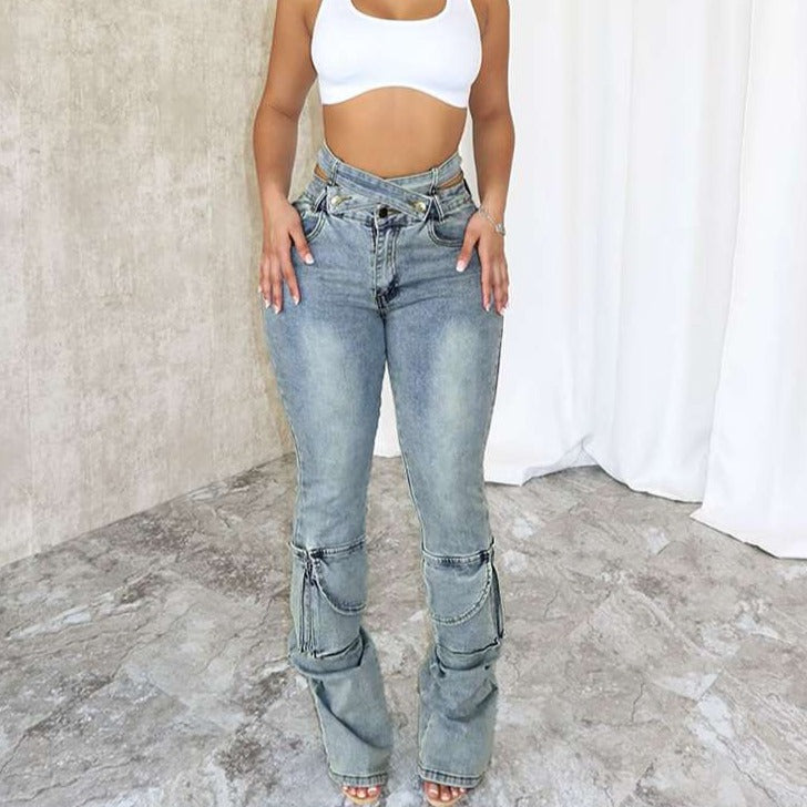 Denim Wrap Waist Multi Pocket Jeans