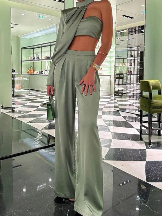 Solid Color Halter Neck Fitted Trouser Sets