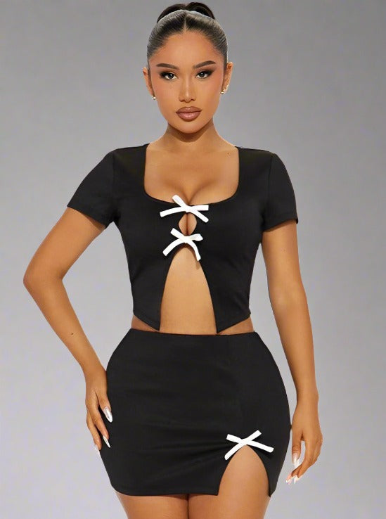 Bow Lace Up Cropped Skirt Set