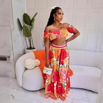 Boat Neck Off Shoulder Cropped Skirt Sets