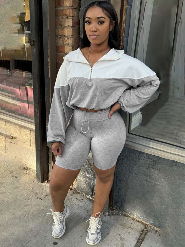 Colorblock Drawstring Hooded Short Set