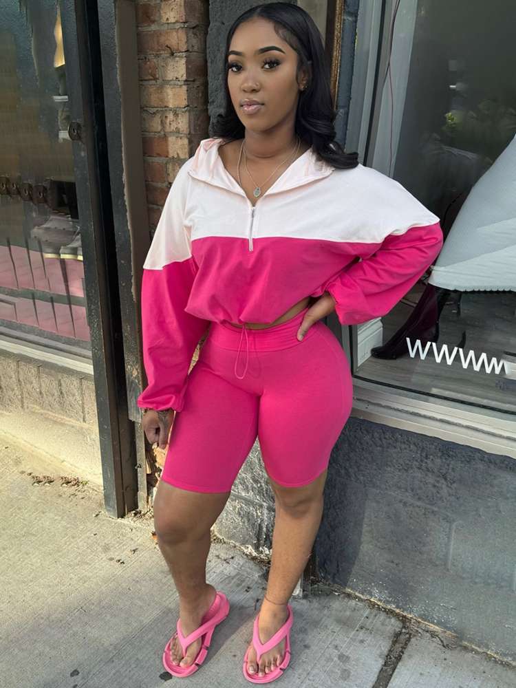 Colorblock Drawstring Hooded Short Set