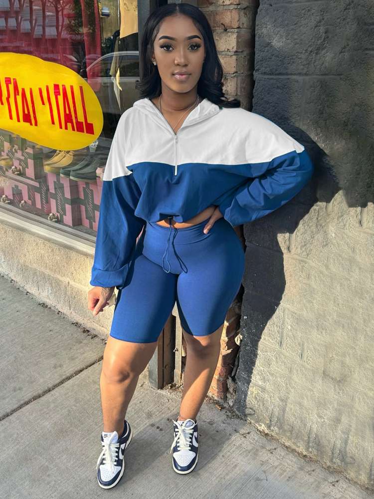 Colorblock Drawstring Hooded Short Set