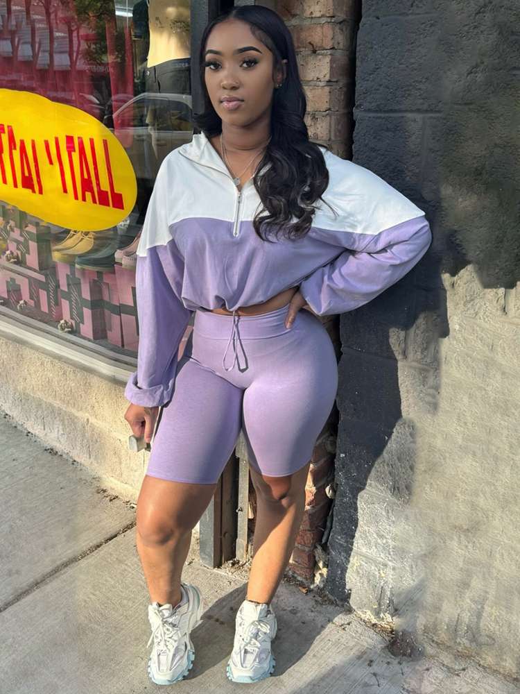 Colorblock Drawstring Hooded Short Set