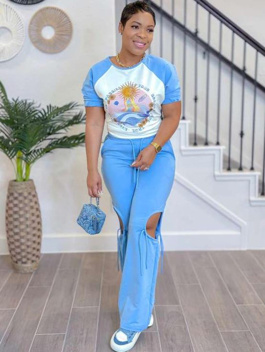 Cartoon Printed Drawstring Cutouts Pant Set