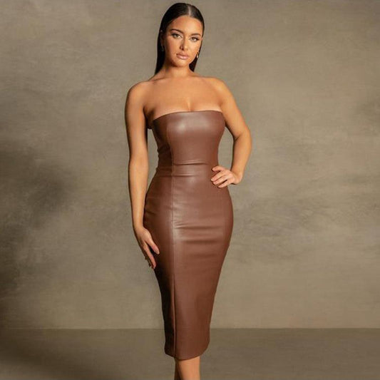 Patchwork PU Strapless Split Hem Midi Dress