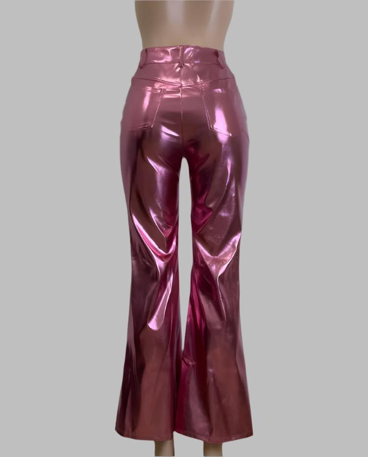 Metallic PU Patchwork Flared Pants