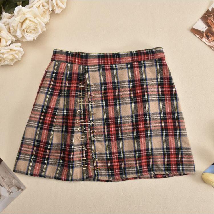 Plaid Split Hem Pin Patchwork Skirts
