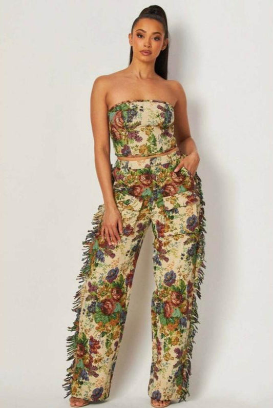 Conjunto de pantalón tubo con flecos y flores en tejido jacquard