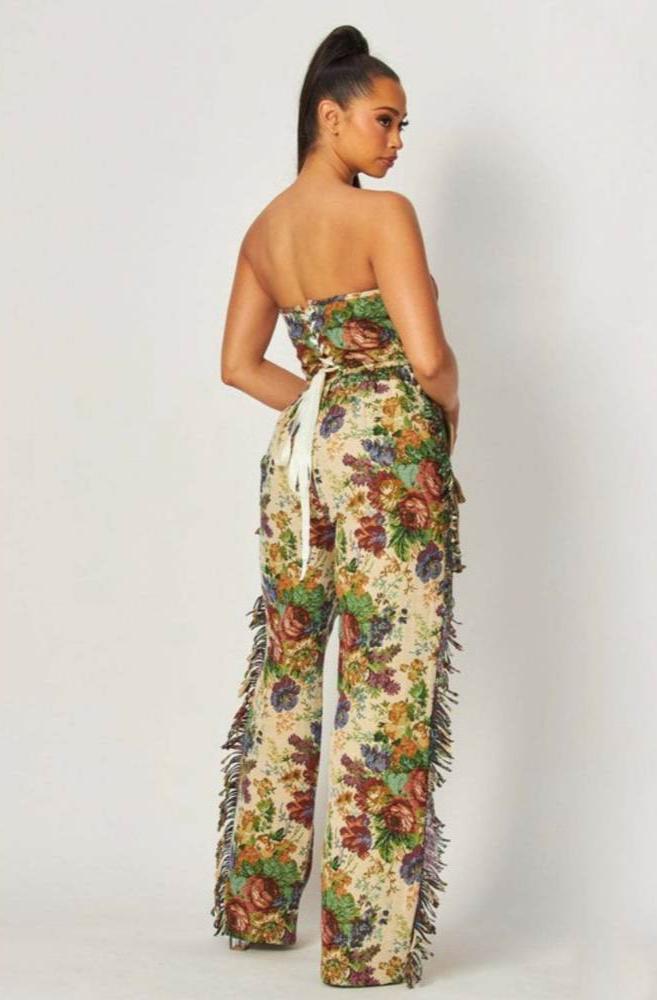 Conjunto de pantalón tubo con flecos y flores en tejido jacquard