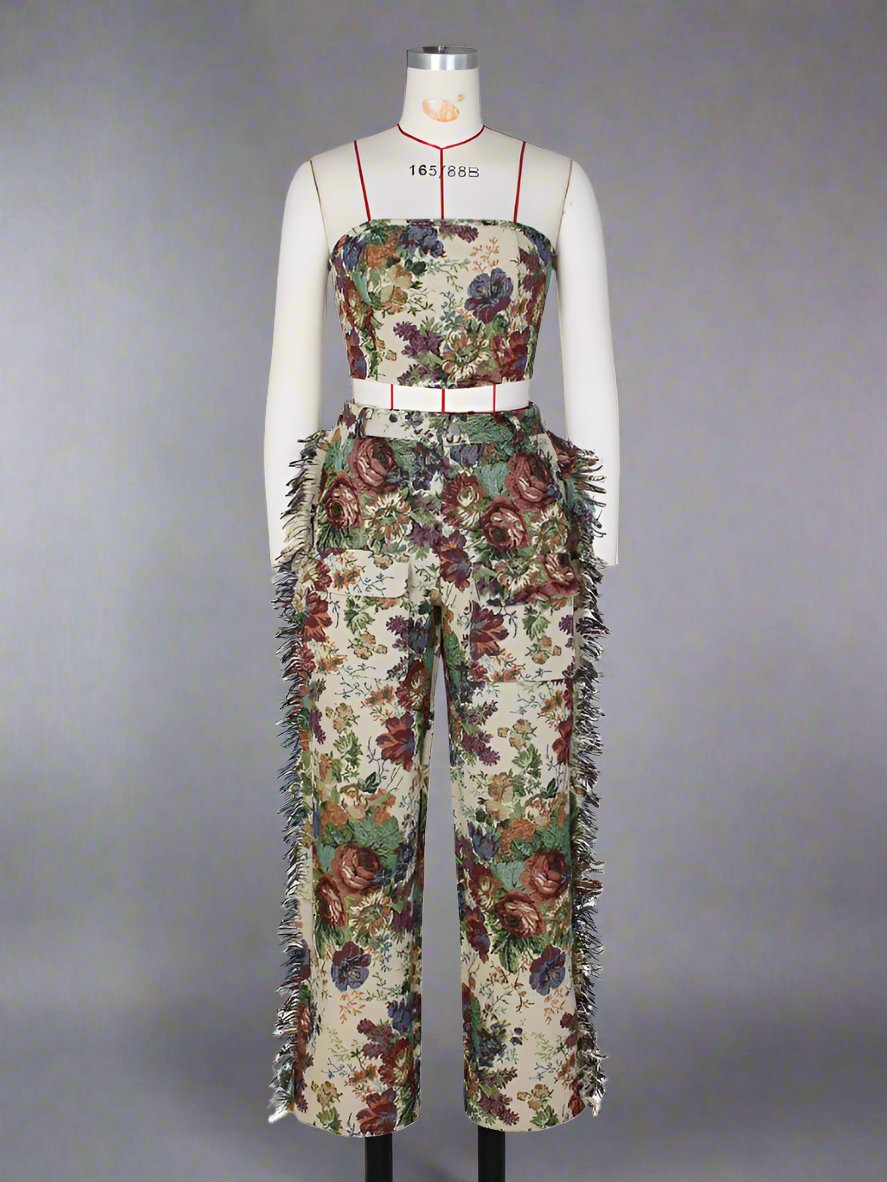 Conjunto de pantalón tubo con flecos y flores en tejido jacquard