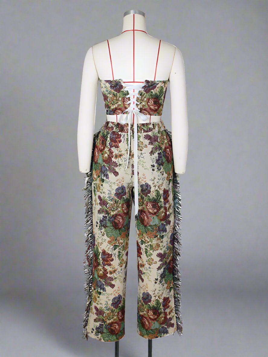 Conjunto de pantalón tubo con flecos y flores en tejido jacquard