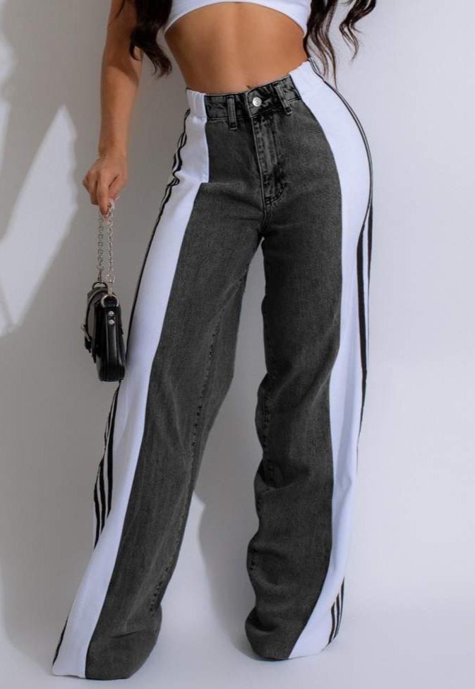 Colorblock Striped Denim Straight Jeans