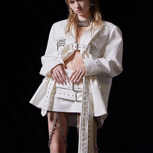 Conjuntos de falda y blazer con cordones y remaches de patchwork