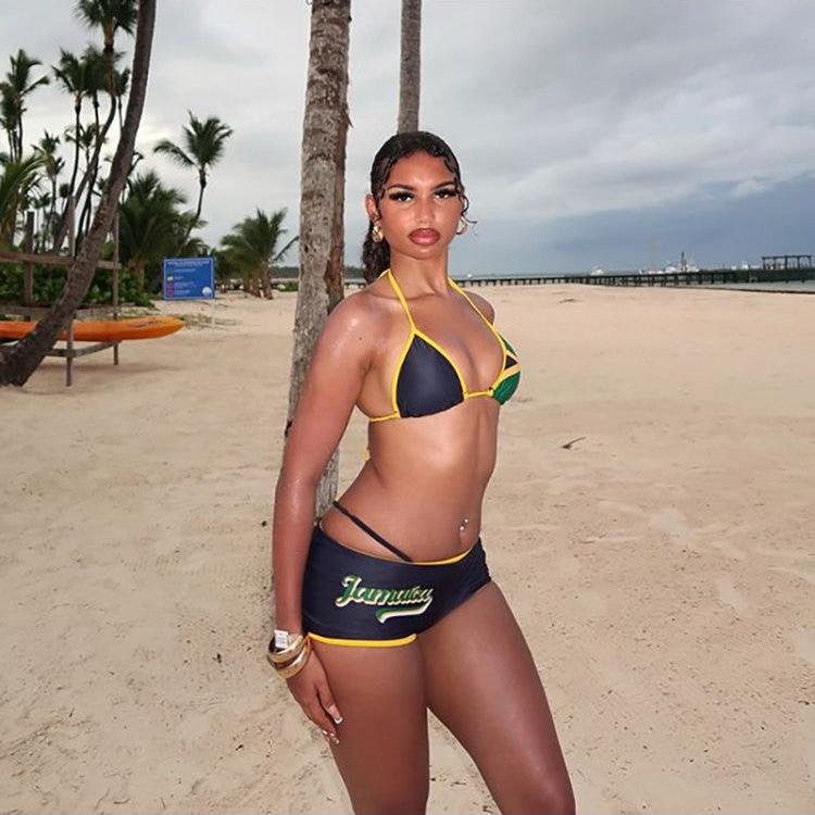 Ensemble short de bikini dos nu à bretelles spaghetti colorblock