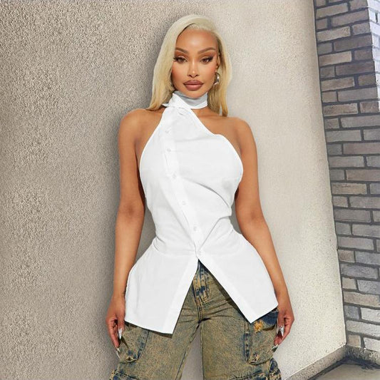 White Irregular Halter Neck Tank Top