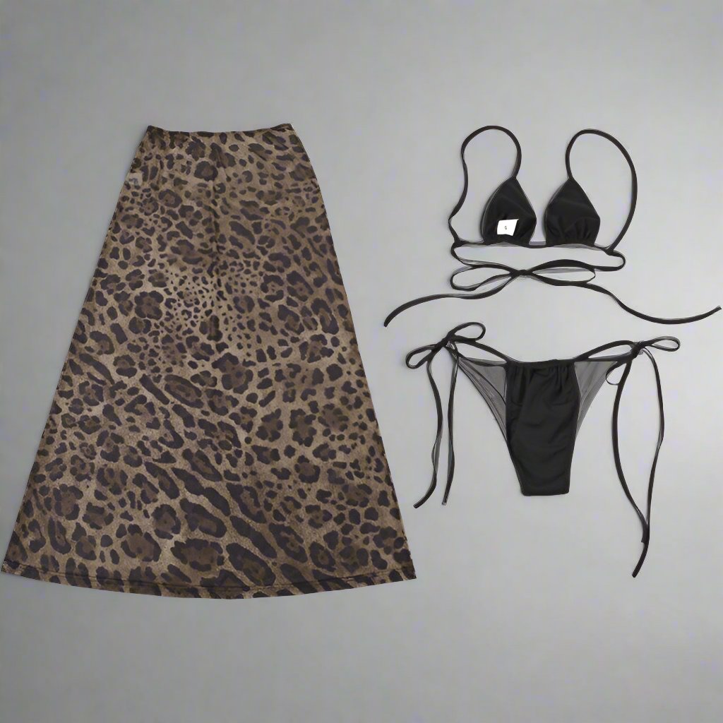 Conjuntos de bikini de 3 piezas con lazo cruzado y estampado de leopardo