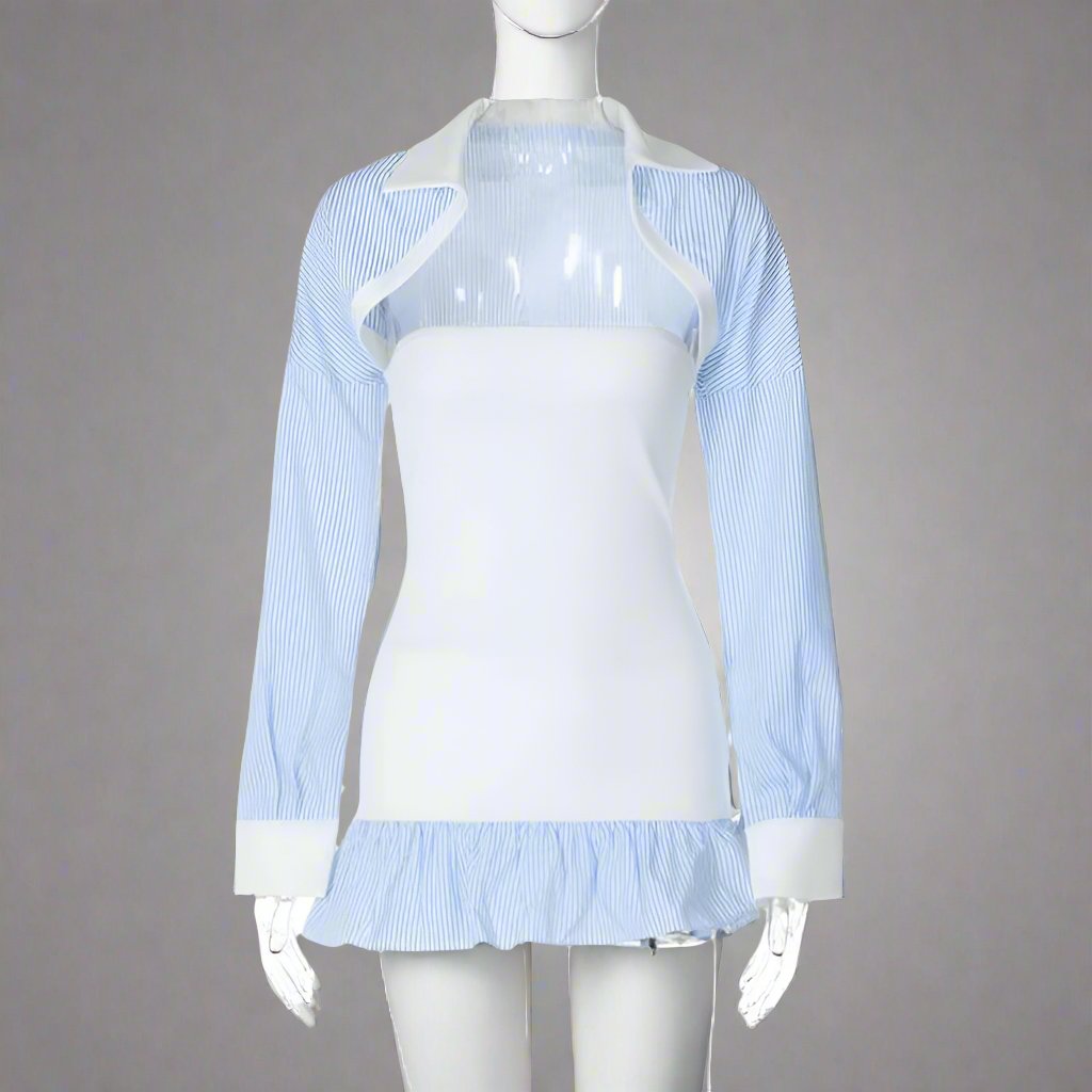 Conjunto de vestido sin tirantes con cuello tipo cárdigan a rayas